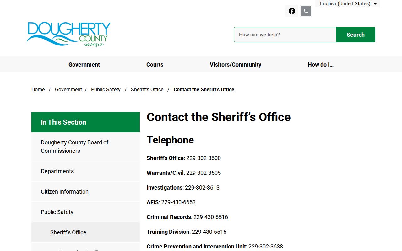 Dougherty County Sheriff's Office contact page