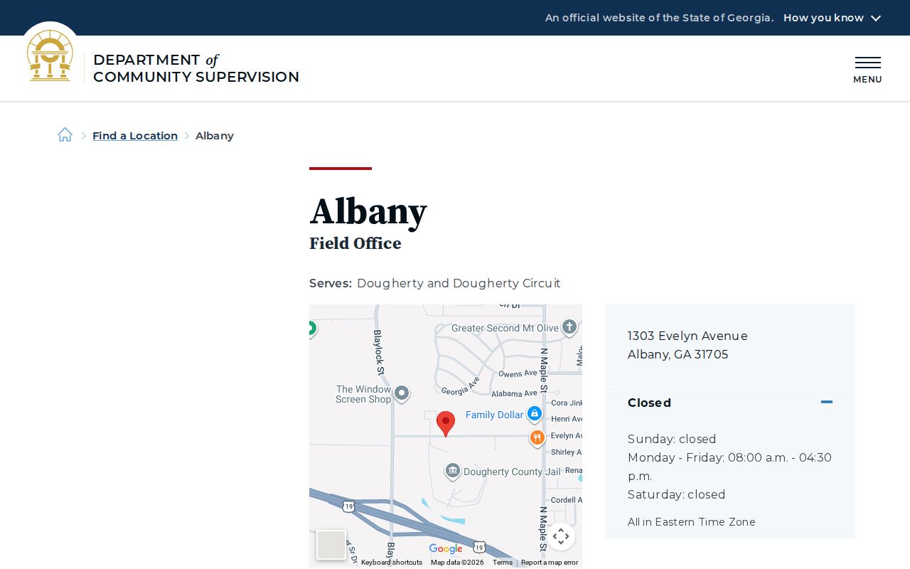 Georgia DCS Albany Field Office page serving Dougherty County