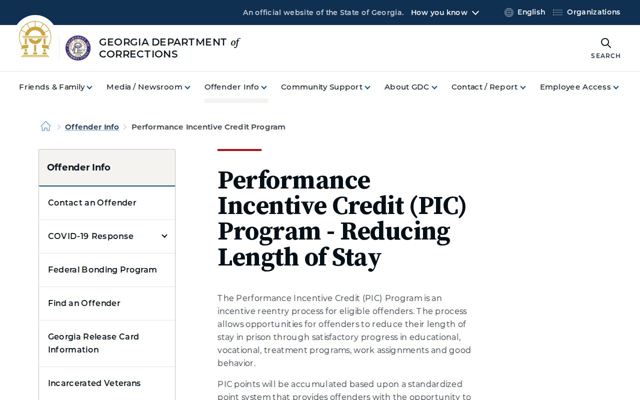 Georgia Department of Corrections Performance Incentive Credit page